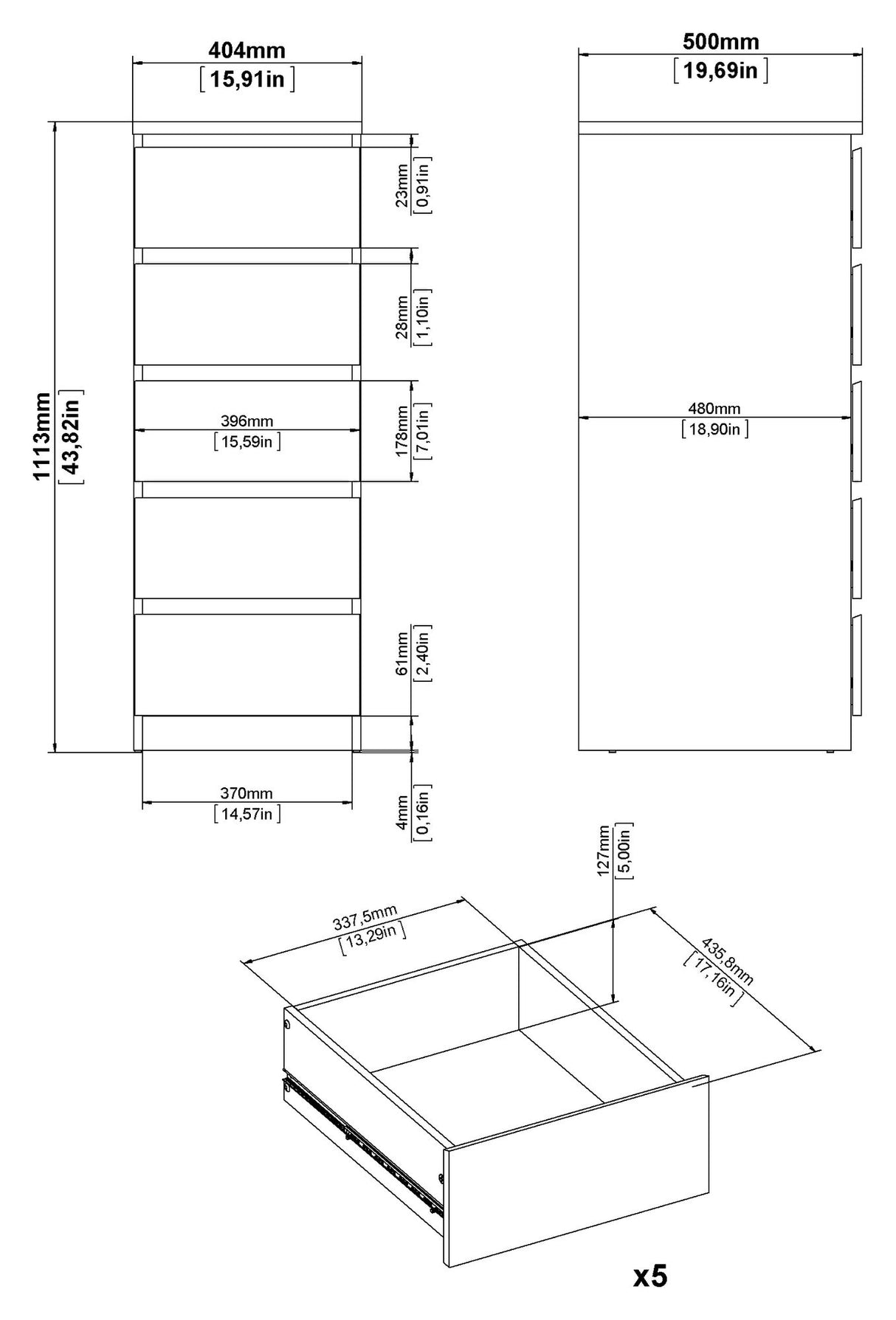 Naia Kommode 5 skuffer, Beton look/Hvid - Unoliving.com