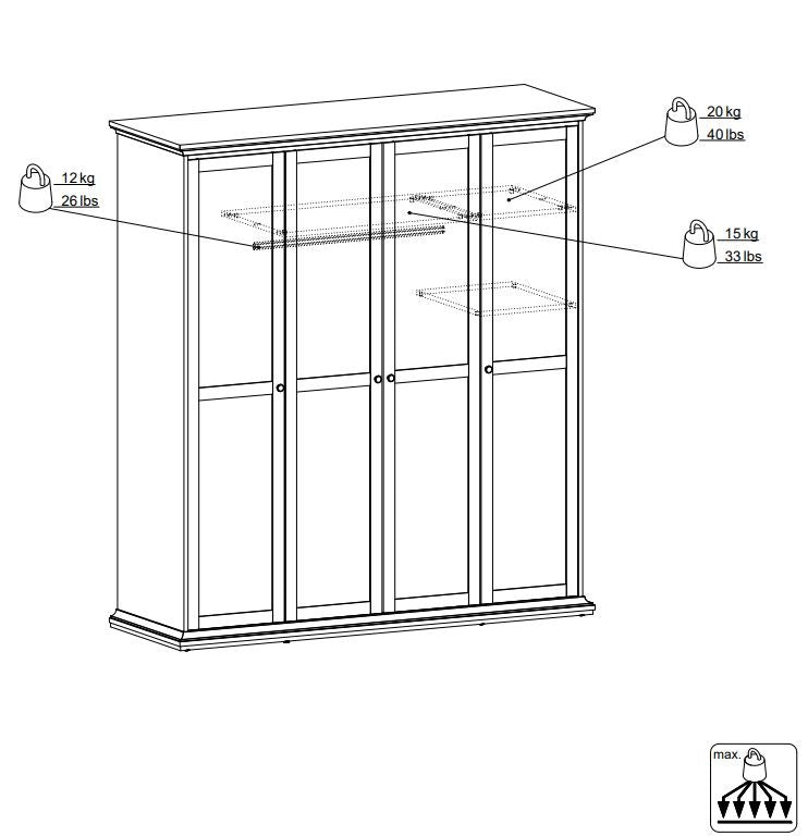 Paris Garderobeskab m. 4 låger, 200x181, Hvid - Unoliving.com